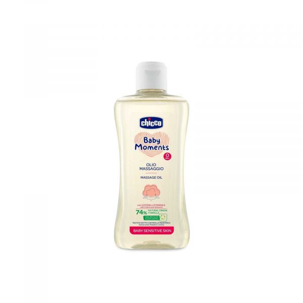 CHICCO Olej masážny s bavlnou a vitamínom E Baby Moments Sensitive 74 % prírodných zložiek 200 ml